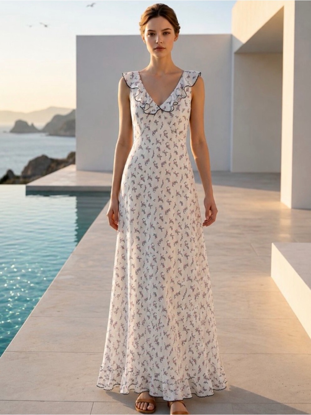 Caroline Constas ruffle hem floral maxi dress white size small
